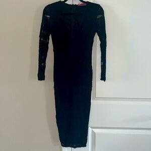 SIA LACE LONG SLEEVE PLUNGE BODYCON MIDI DRESS, US 6